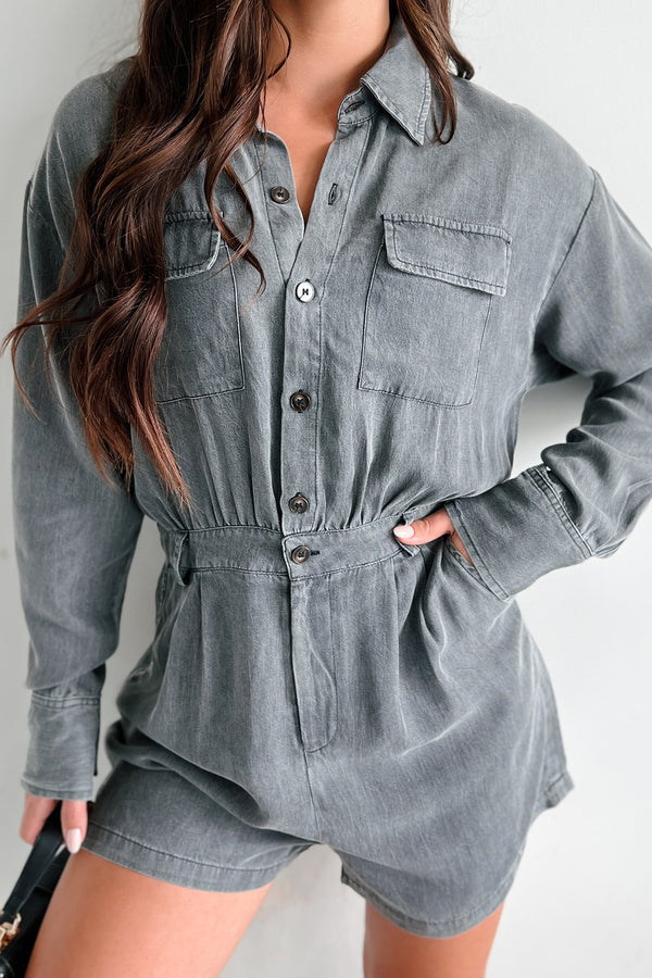 Fremont Button Front Long Sleeve Romper (Washed Black) - NanaMacs