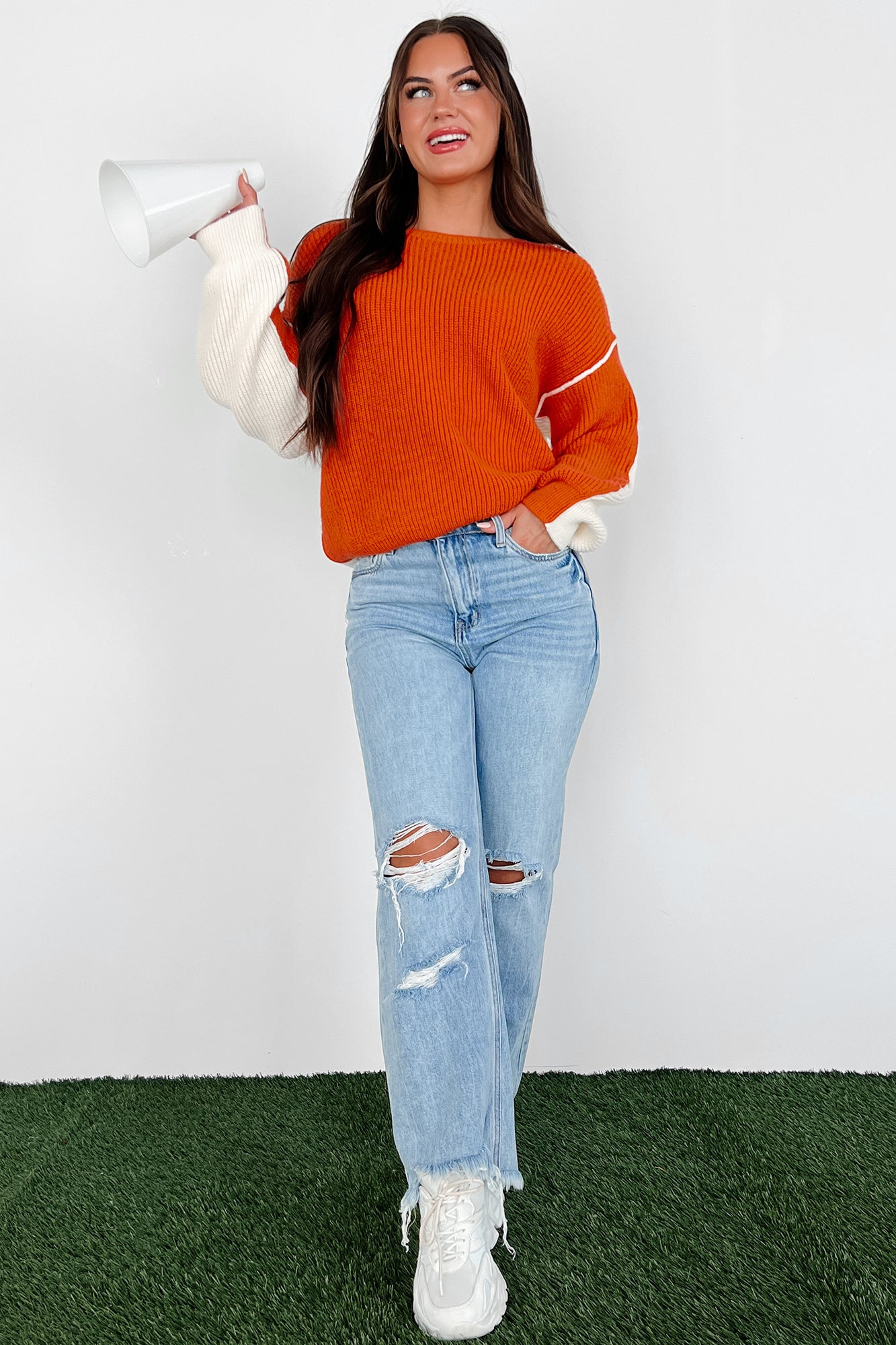 Competitively Cute Colorblock Sweater (Orange/Ivory) - NanaMacs