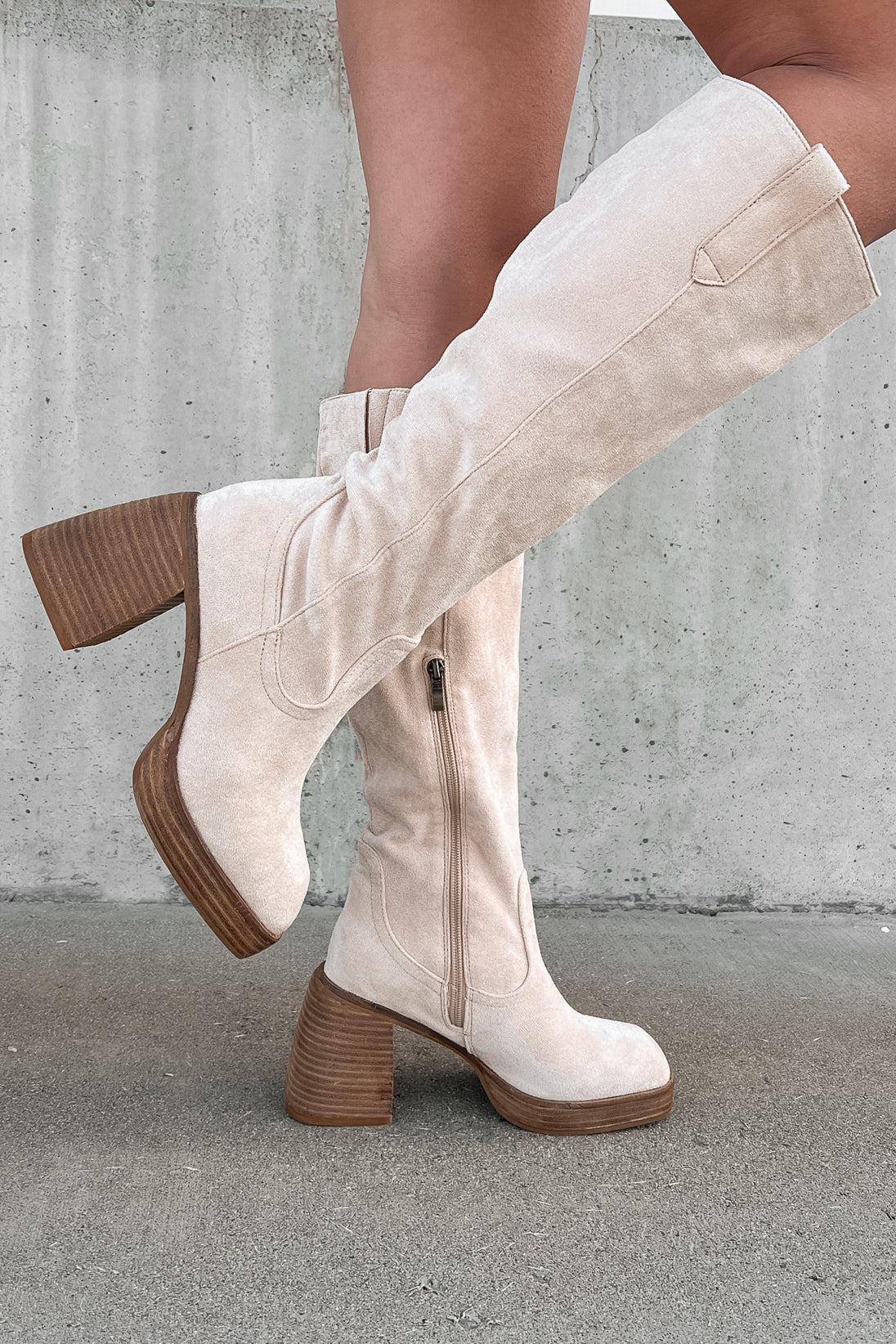 You've Got My Interest Faux Suede Platform Boots (Beige) - NanaMacs