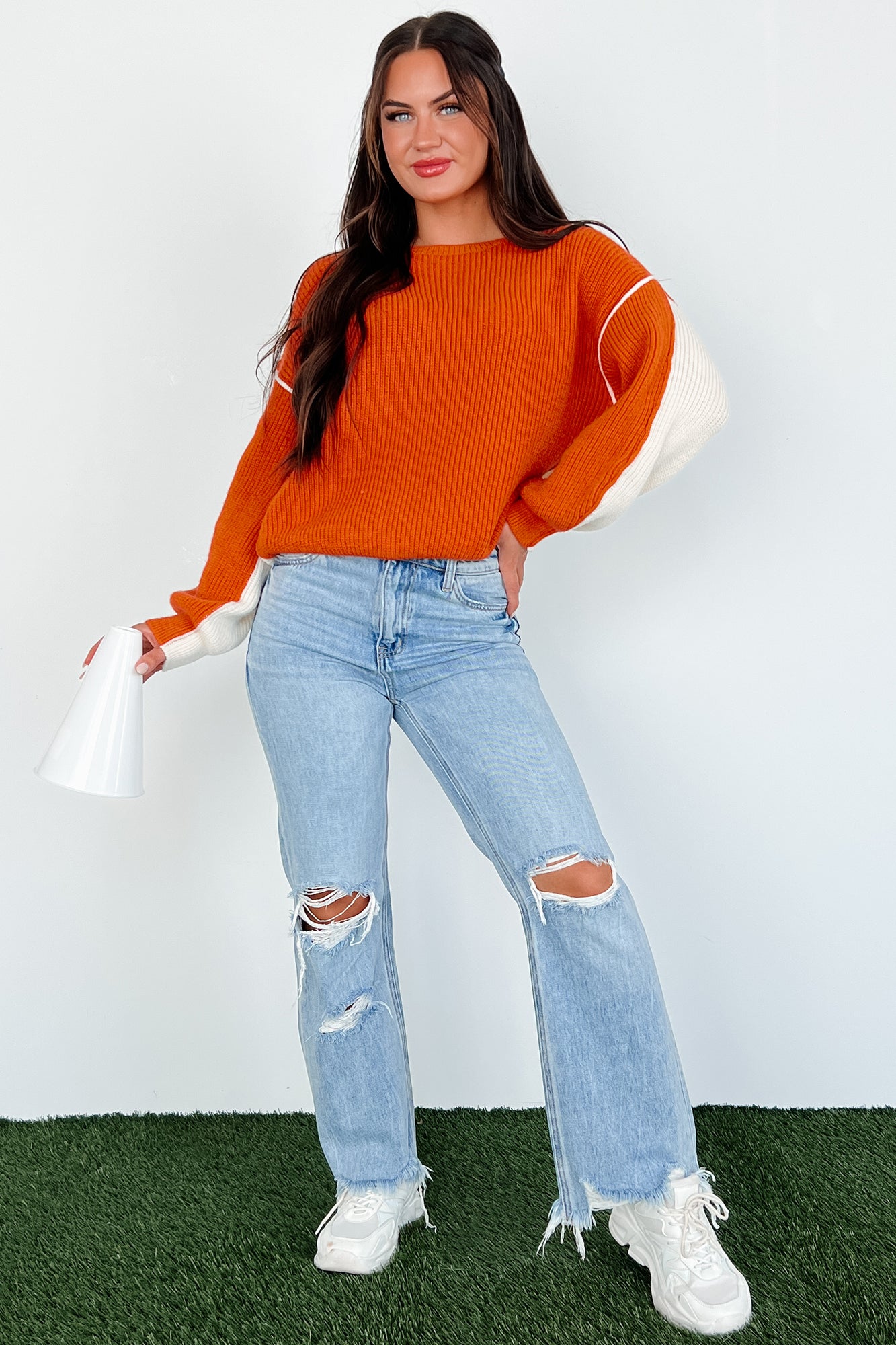 Competitively Cute Colorblock Sweater (Orange/Ivory) - NanaMacs