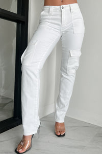 Cool Ambition Mid Rise Straight Leg Cargo Jeans (White) - NanaMacs