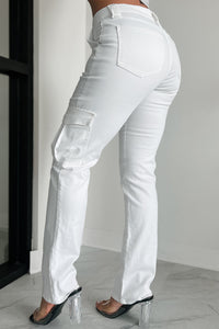 Cool Ambition Mid Rise Straight Leg Cargo Jeans (White) - NanaMacs