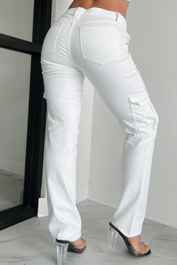 Cool Ambition Mid Rise Straight Leg Cargo Jeans (White) - NanaMacs