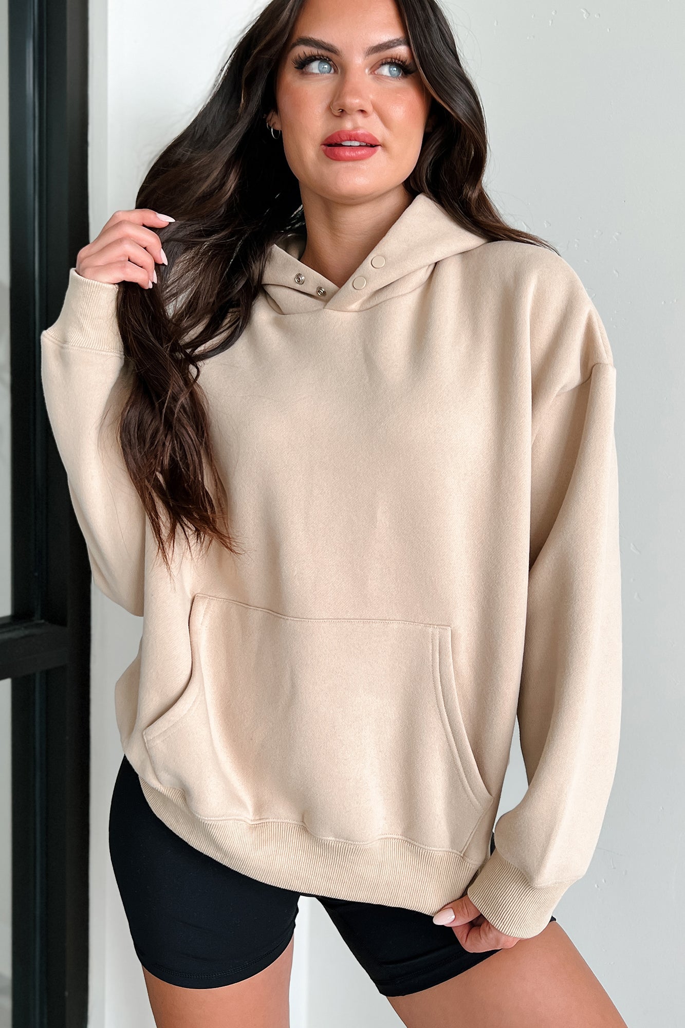 Feeling At Ease Snap-Button Hoodie (Taupe) · NanaMacs