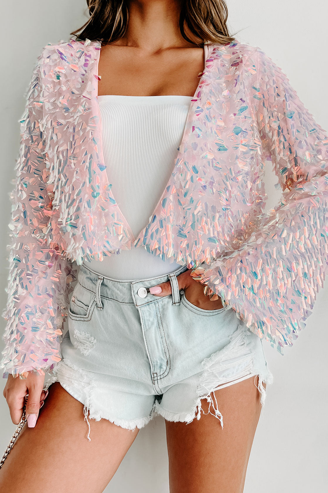 Mesmerizing Sight Open Front Iridescent Sequin Cardigan (Pink