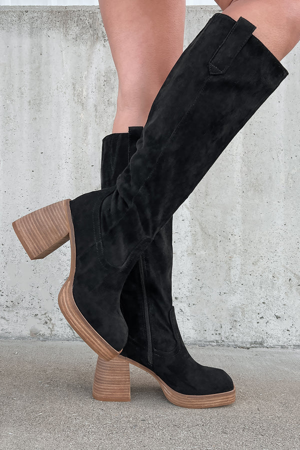 You've Got My Interest Faux Suede Platform Boots (Black) - NanaMacs