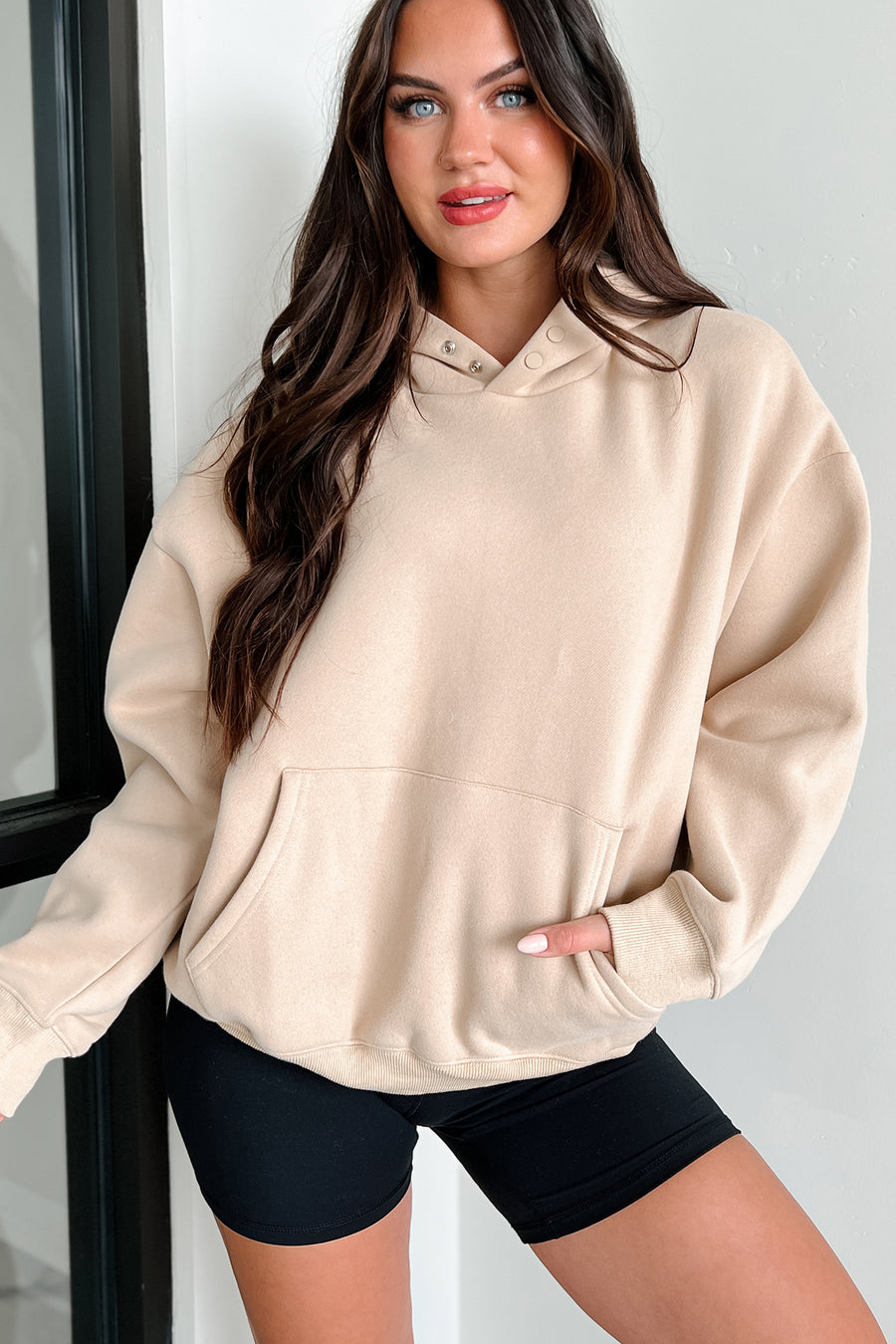 Feeling At Ease Snap-Button Hoodie (Taupe)