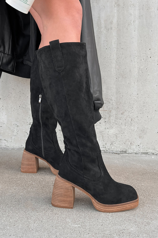 You've Got My Interest Faux Suede Platform Boots (Black) - NanaMacs