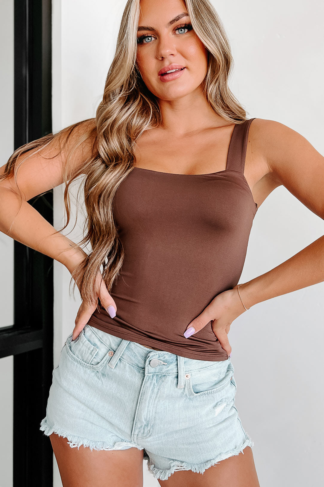 Never Out Of Touch Square Neck Tank Top (Coffee Bean) - NanaMacs