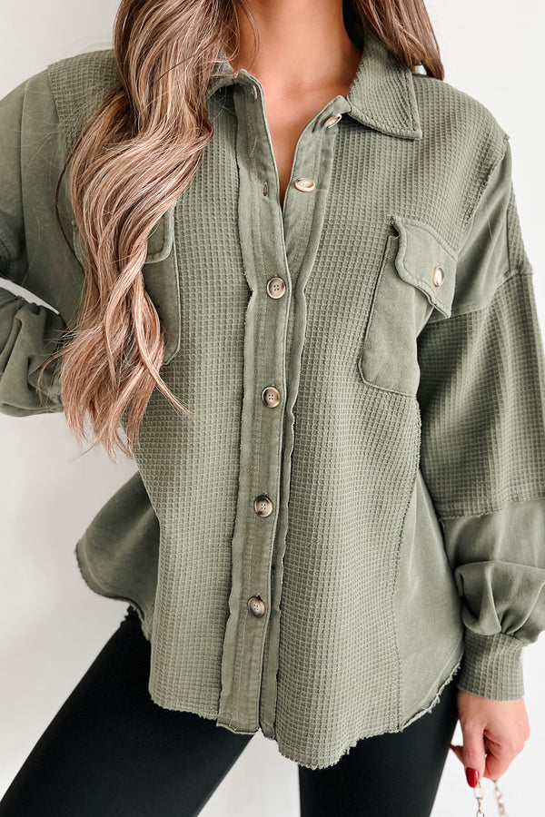 Past & Present Vintage Wash Waffle Shacket (Olive) - NanaMacs