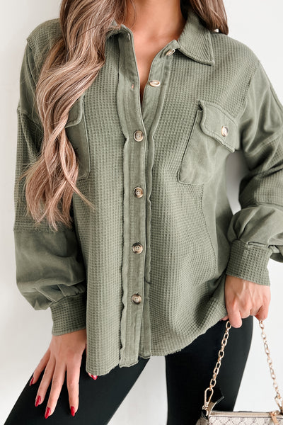 Past & Present Vintage Wash Waffle Shacket (Olive) - NanaMacs