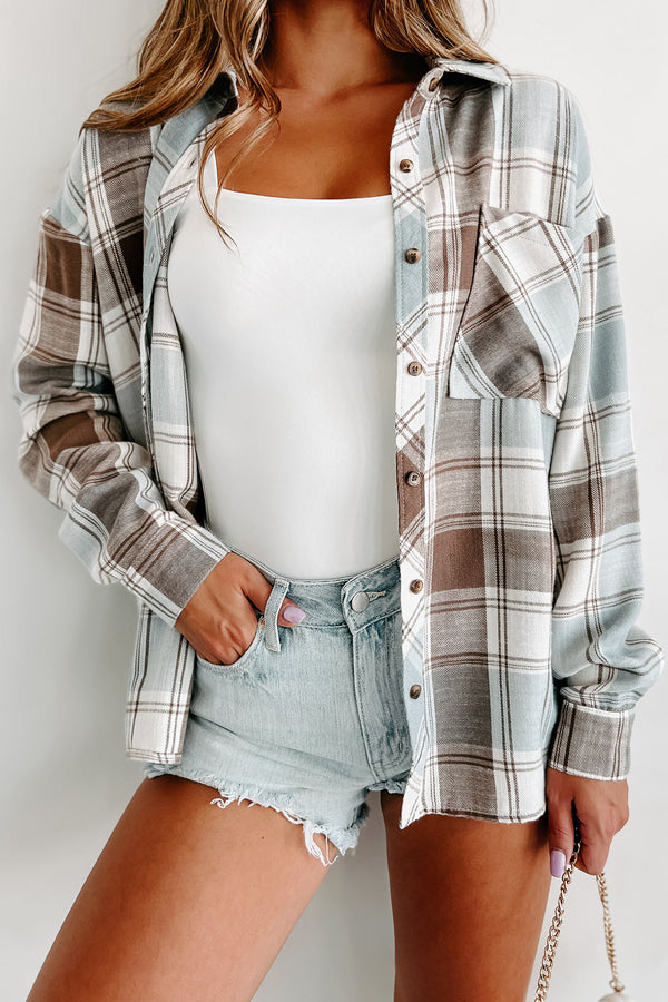 Chilling With Friends Oversized Plaid Shirt (Slate Blue/Brown) - NanaMacs