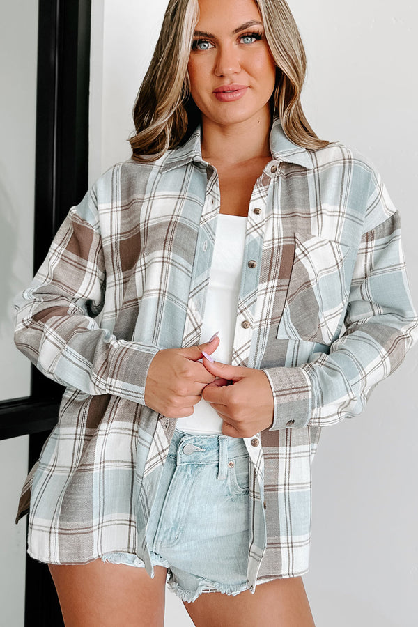 Chilling With Friends Oversized Plaid Shirt (Slate Blue/Brown) - NanaMacs