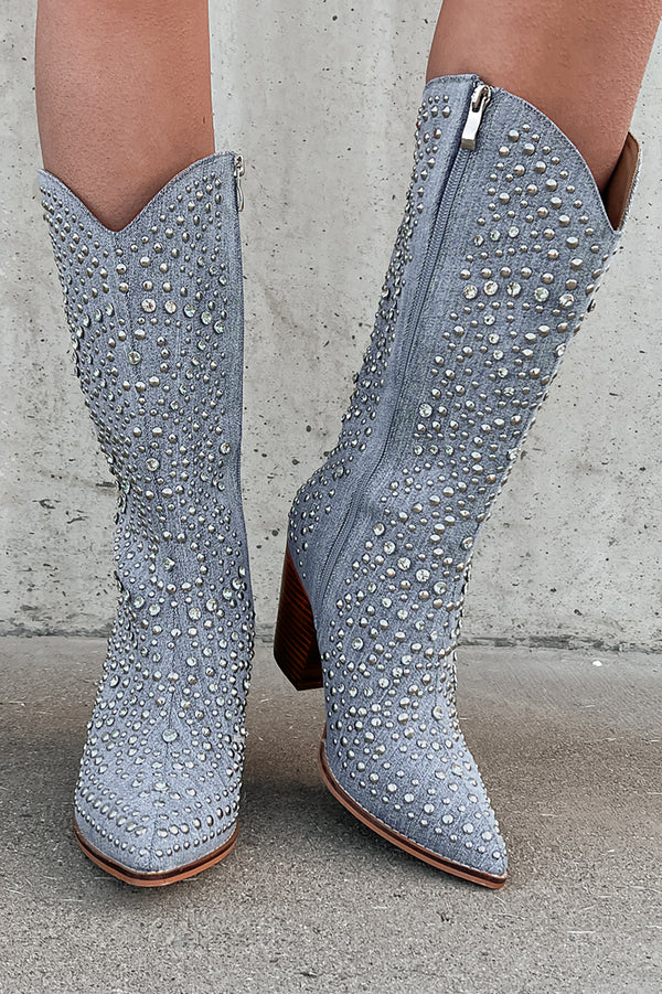 Country Soul Rhinestone/Studded Western Boots (Blue Denim) - NanaMacs