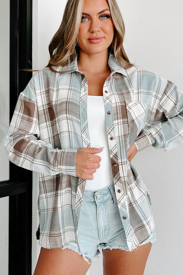 Chilling With Friends Oversized Plaid Shirt (Slate Blue/Brown) - NanaMacs