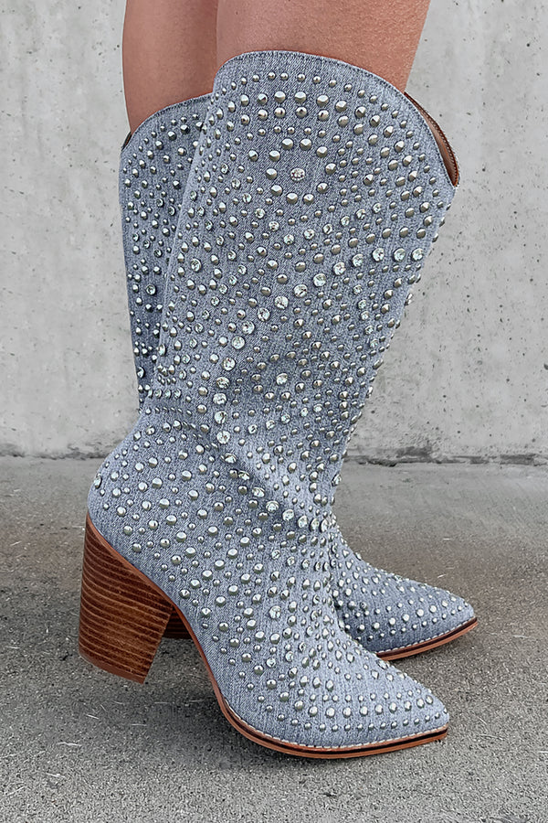 Country Soul Rhinestone/Studded Western Boots (Blue Denim) - NanaMacs