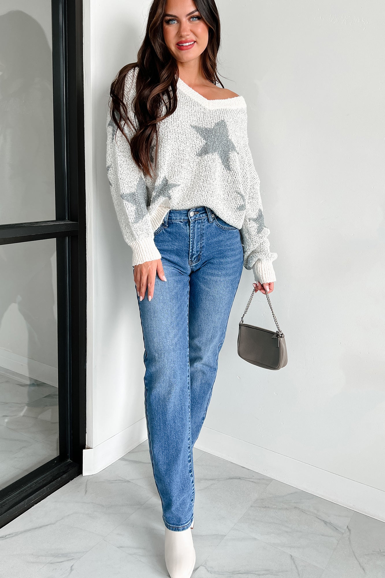 Stars Shining Bright Oversized Sweater (Ivory/Grey) - NanaMacs