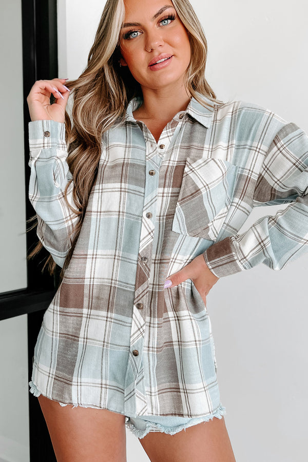 Chilling With Friends Oversized Plaid Shirt (Slate Blue/Brown) - NanaMacs