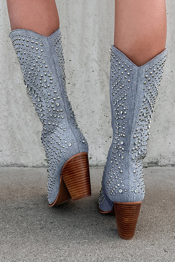 Country Soul Rhinestone/Studded Western Boots (Blue Denim) - NanaMacs