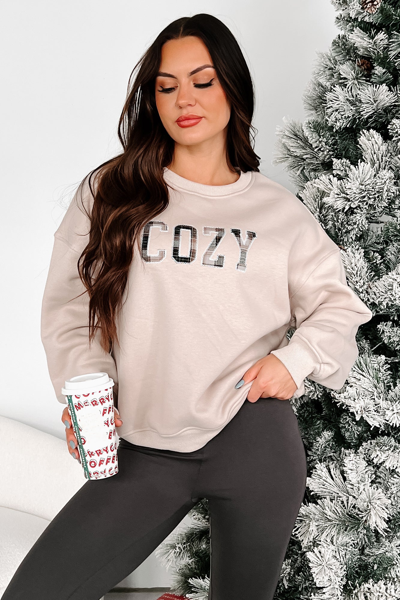 Slowing It Down Plaid "Cozy" Sweatshirt (Taupe) - NanaMacs