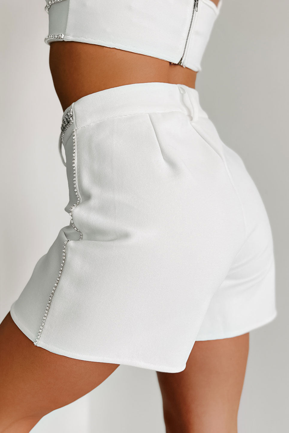 Elegant As Always High Waist Rhinestone Trim Shorts (White) - NanaMacs