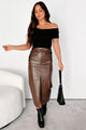 I'm Always Expensive Faux Leather Midi Skirt (Chocolate) - NanaMacs