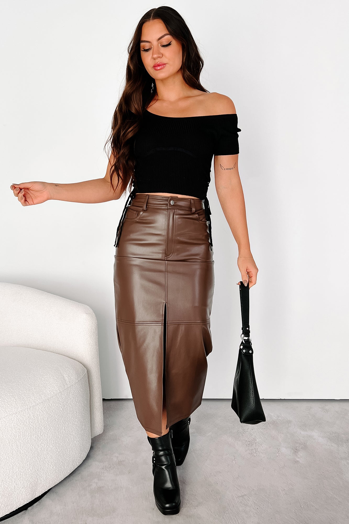 I'm Always Expensive Faux Leather Midi Skirt (Chocolate) - NanaMacs