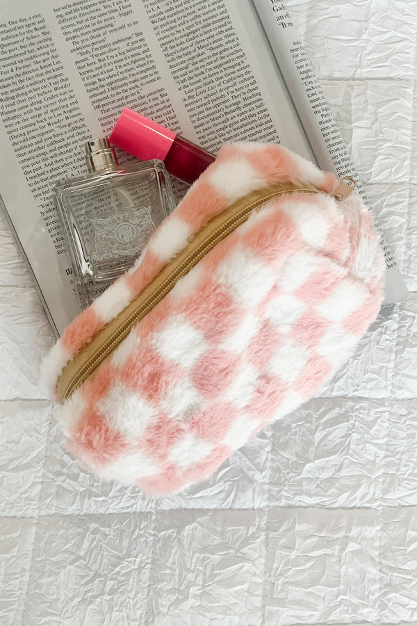 DOORBUSTER Prepped For Success Faux Fur Cosmetic Case (Pink/White Check) - NanaMacs