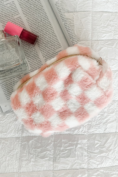 DOORBUSTER Prepped For Success Faux Fur Cosmetic Case (Pink/White Check) - NanaMacs