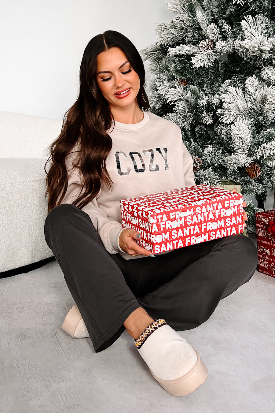 Slowing It Down Plaid "Cozy" Sweatshirt (Taupe)