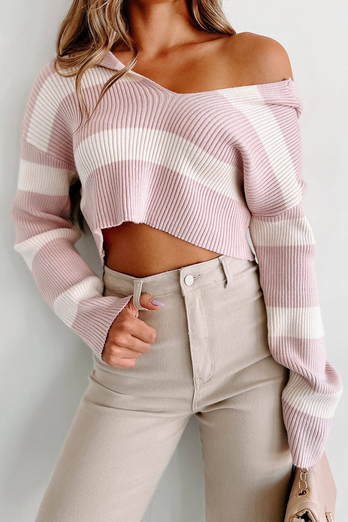 Easing Into Fall Hooded Striped Crop Sweater (Cream/Pink) - NanaMacs