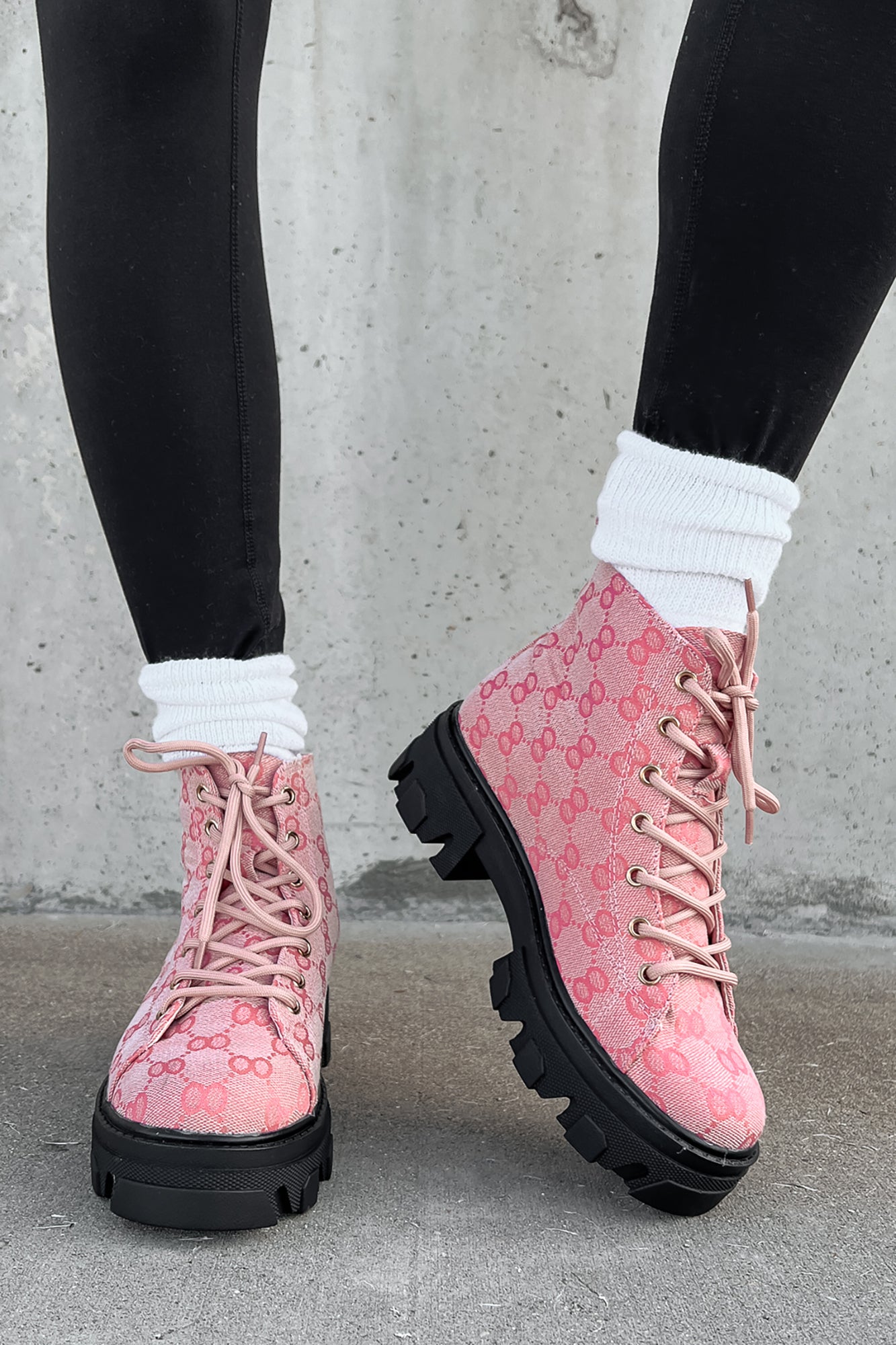 Can You Blame Me Printed Lace-Up Lug Sole Booties (Pink) - NanaMacs