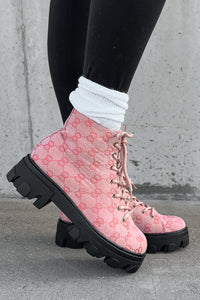 Can You Blame Me Printed Lace-Up Lug Sole Booties (Pink) - NanaMacs