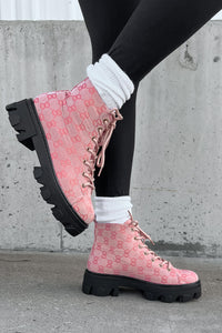 Can You Blame Me Printed Lace-Up Lug Sole Booties (Pink) - NanaMacs