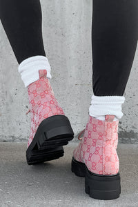 Can You Blame Me Printed Lace-Up Lug Sole Booties (Pink) - NanaMacs