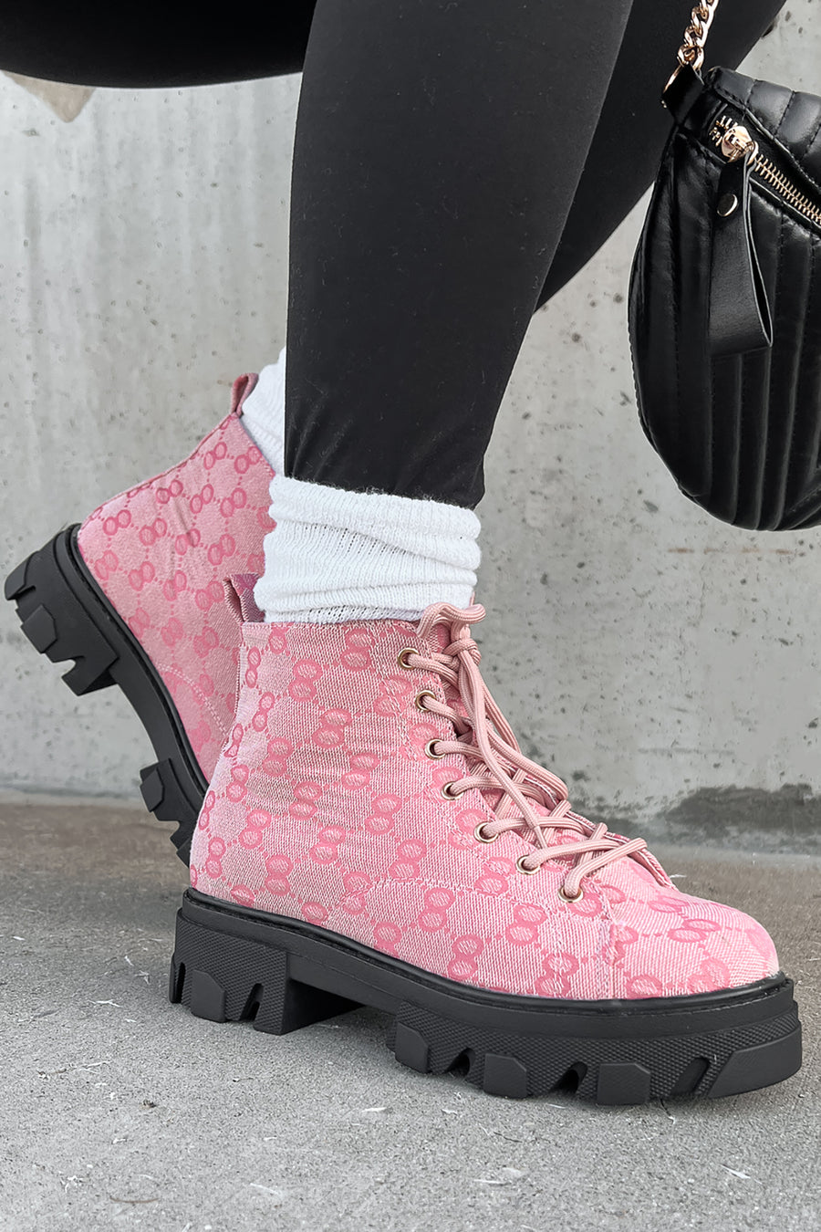 Can You Blame Me Printed Lace-Up Lug Sole Booties (Pink) - NanaMacs