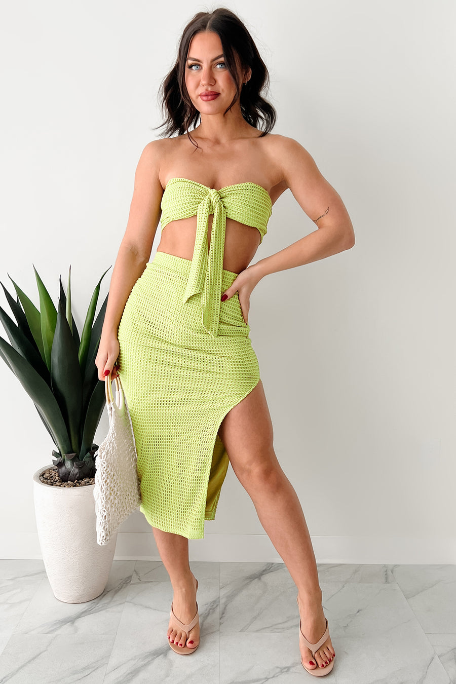 Flawlessly Loud Textured Knit Bandeau & Skirt Set (Kiwi) - NanaMacs