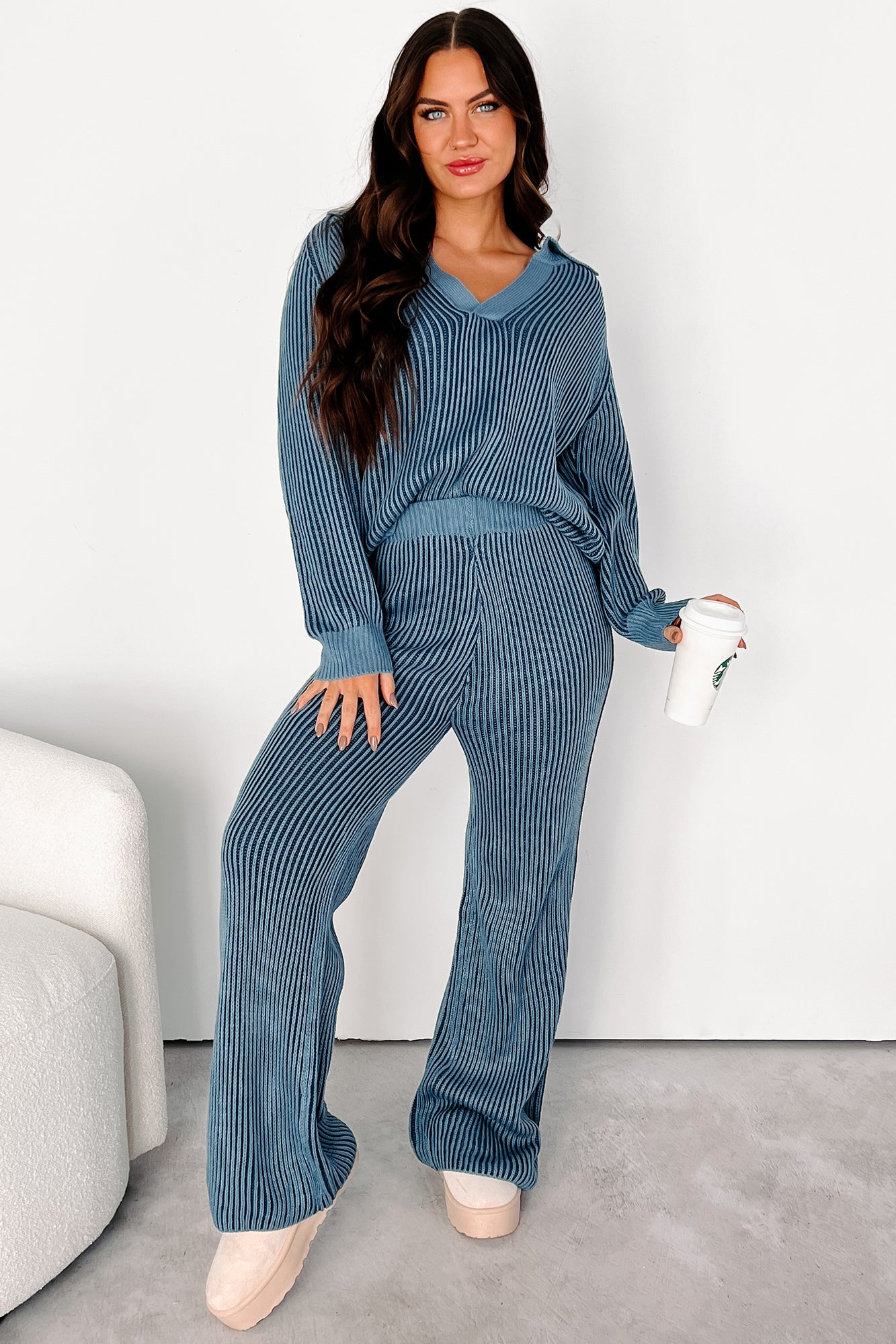 Salazar Two-Tone Striped Sweater & Pants Set (Denim/Navy)