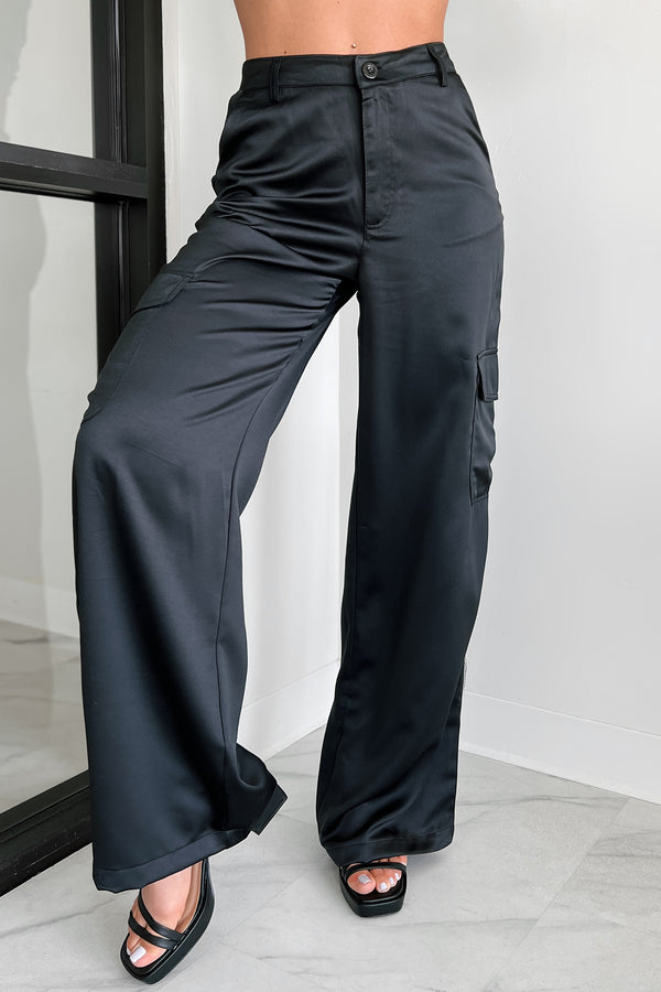 Clearing The Air Wide Leg Satin Cargo Pants (Black) - NanaMacs