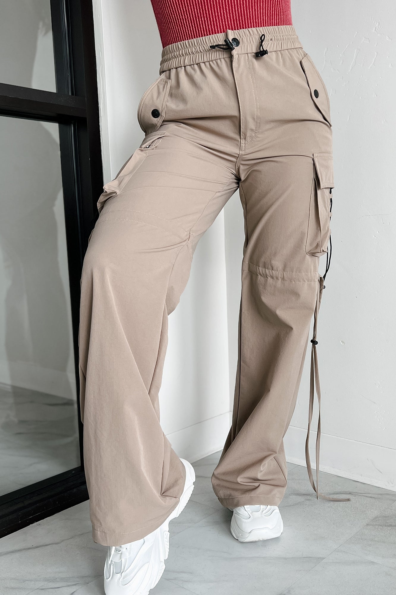 Finding My Way Wide Leg Cargo Drawstring Pants (Khaki) · NanaMacs
