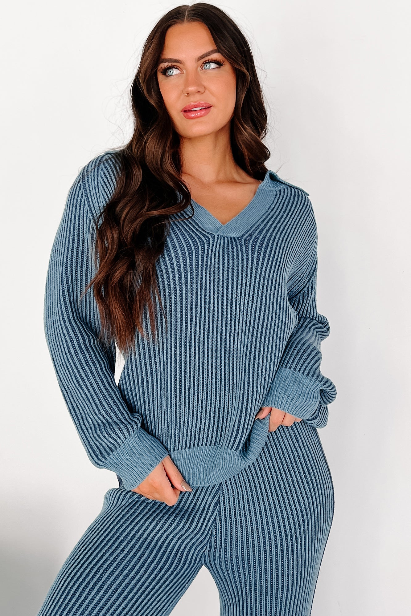 Salazar Two-Tone Striped Sweater & Pants Set (Denim/Navy)