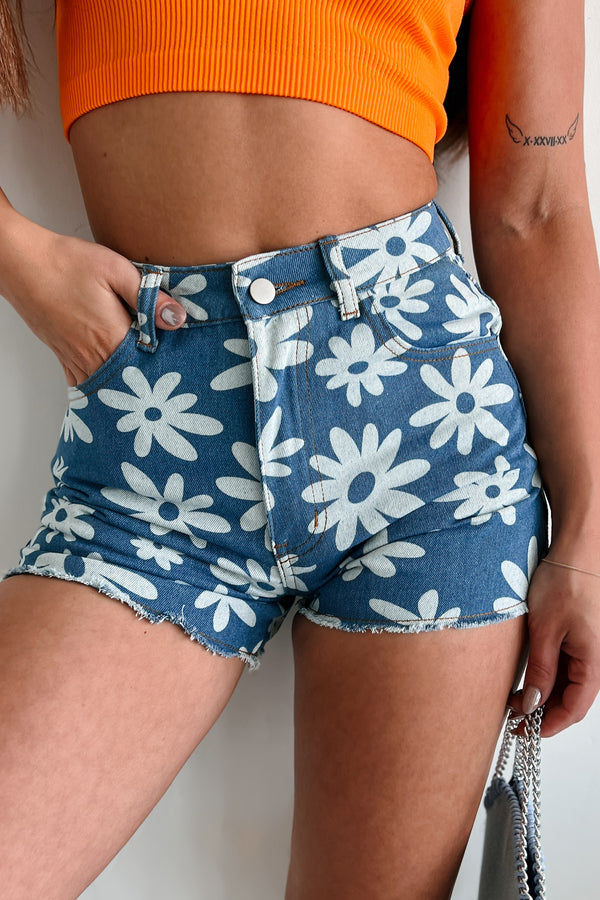 Flowery Feelings Daisy Print Denim Shorts (Blue) - NanaMacs