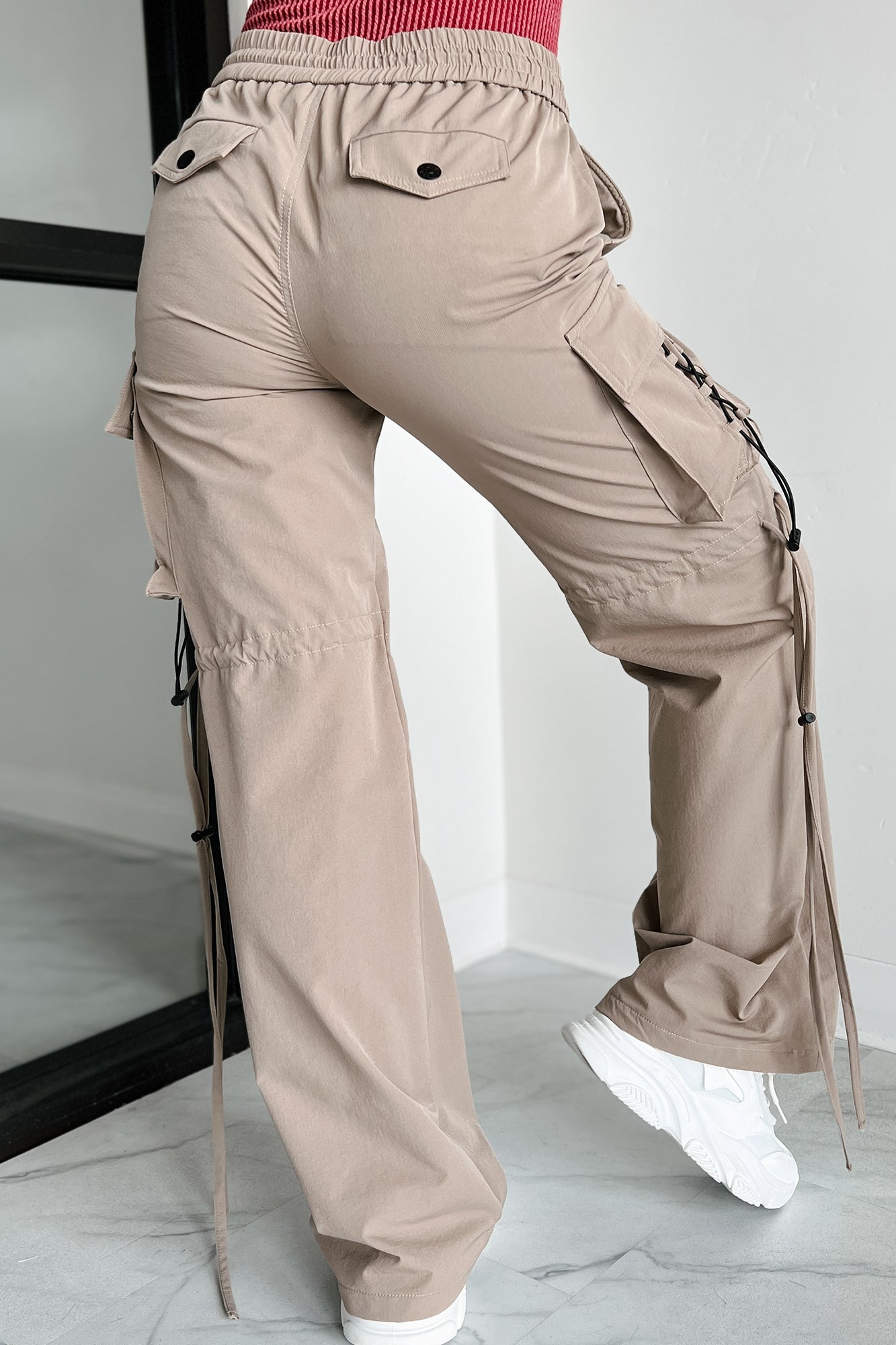 Finding My Way Wide Leg Cargo Drawstring Pants (Khaki) - NanaMacs