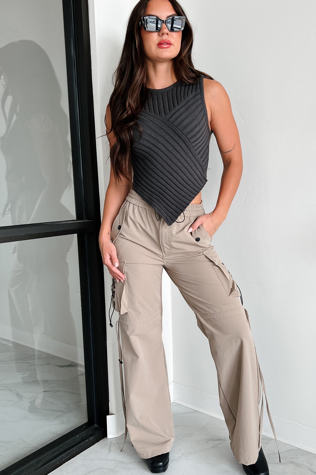 Finding My Way Wide Leg Cargo Drawstring Pants (Khaki) · NanaMacs