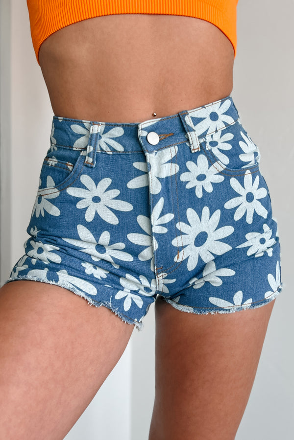 Flowery Feelings Daisy Print Denim Shorts (Blue) - NanaMacs