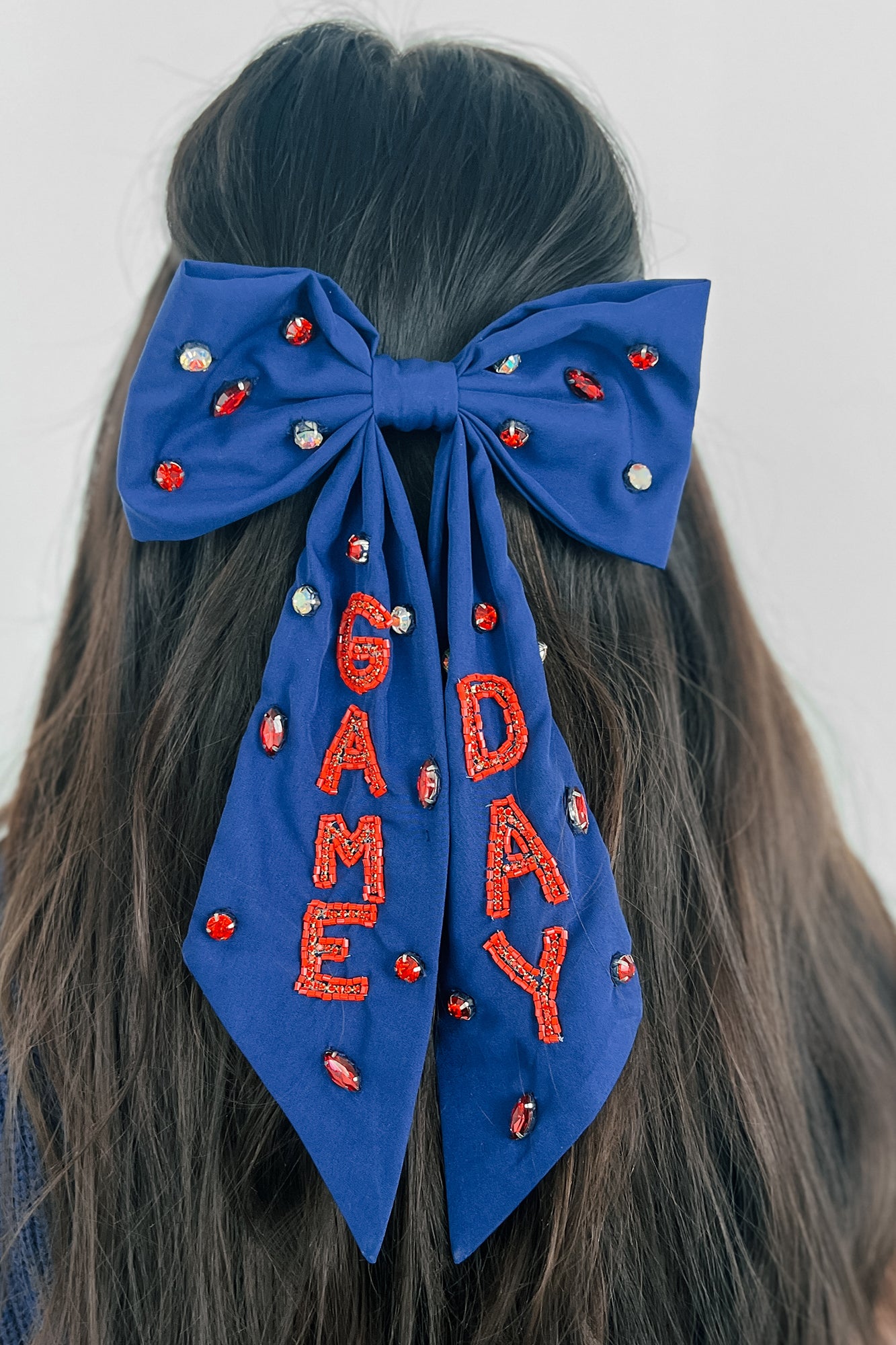 Pep Squad Beaded Barrette Hair Bow (Navy/Red) - NanaMacs