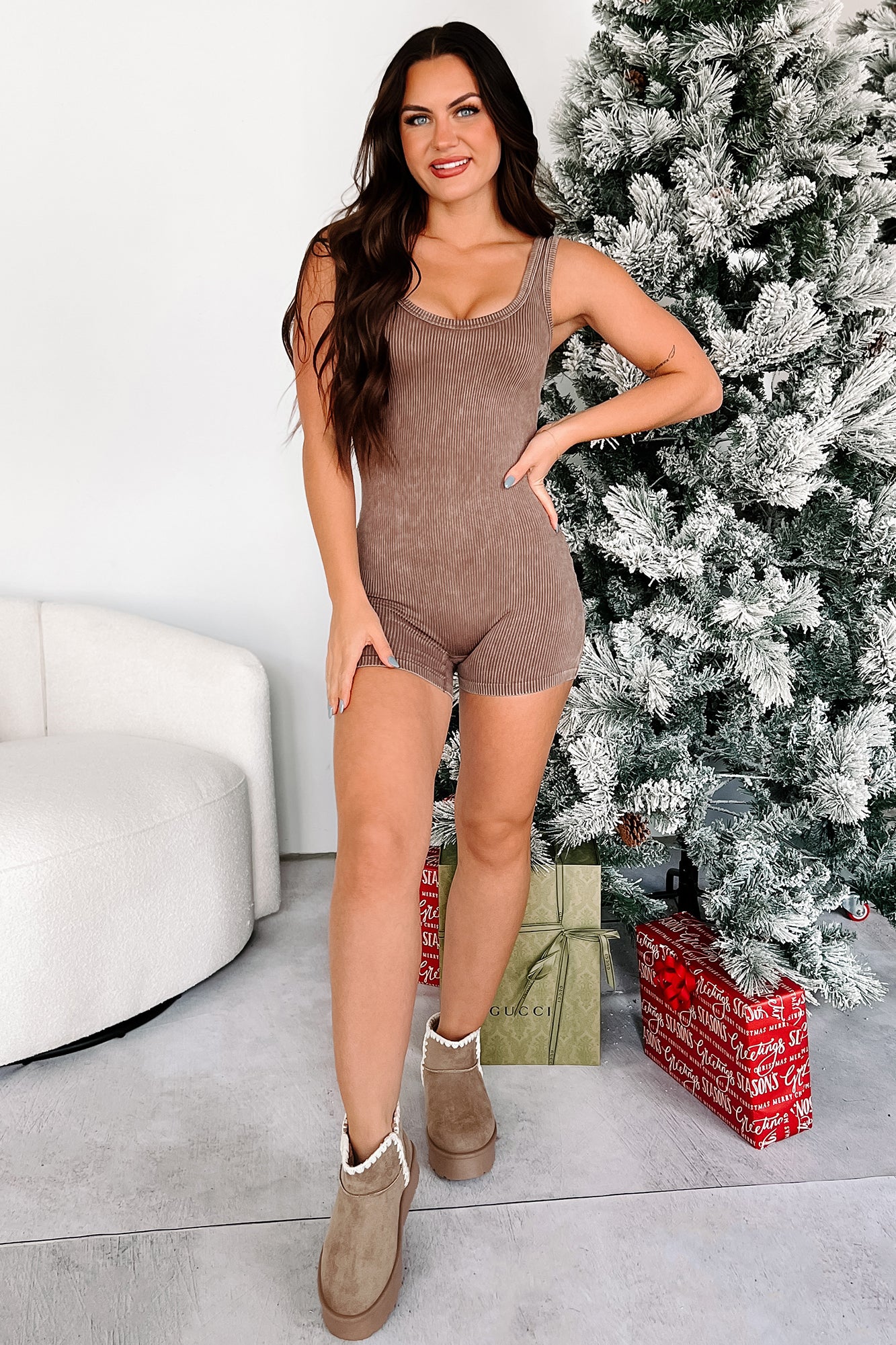 Beyond My Limits Ribbed Vintage Wash Romper (Brown) - NanaMacs