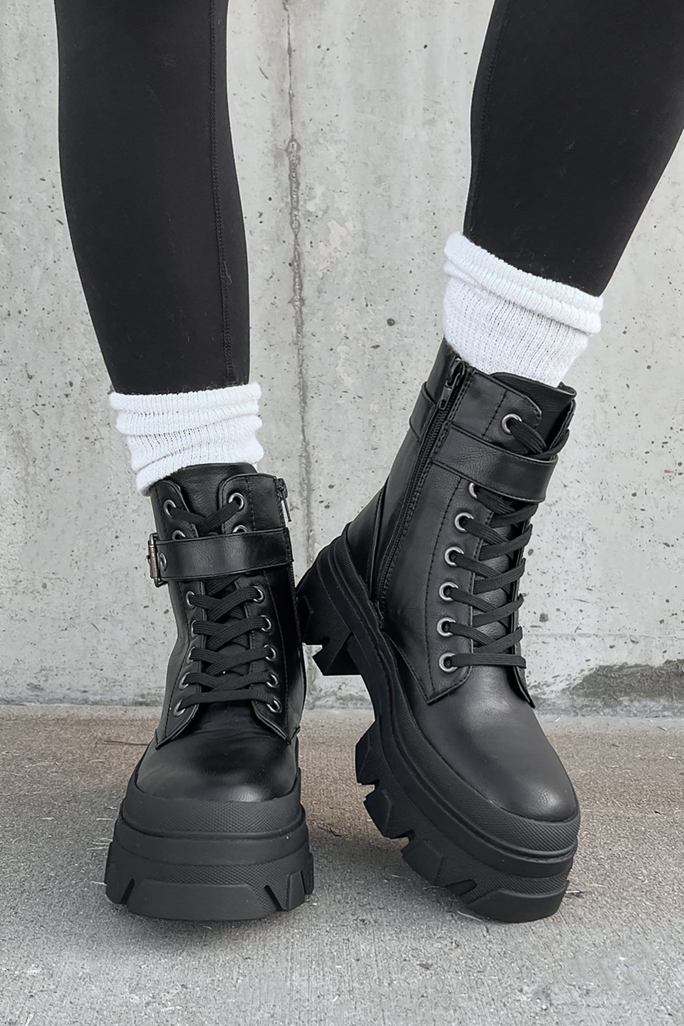 Wide Width Side Buckle Lace Up Combat Boots