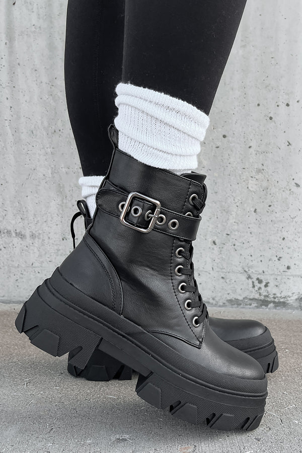 Chain Of Command Faux Leather Combat Booties (Black) - NanaMacs