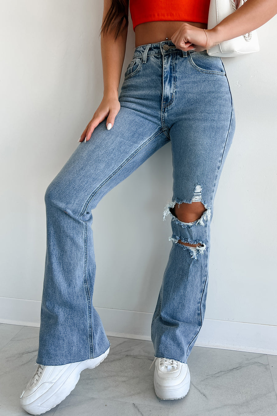 Casmir High Rise Distressed Dogma Flare Jeans (Medium Wash) - NanaMacs